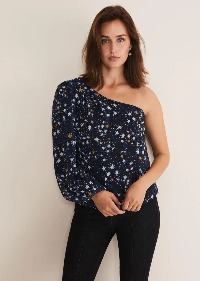 Women Phase Eight Shirts and Blouses Zeba Star One Shoulder Blouse Navy