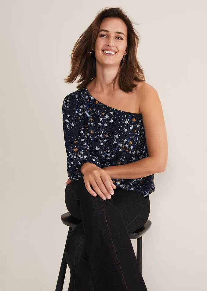 Women Phase Eight Shirts and Blouses Zeba Star One Shoulder Blouse Navy