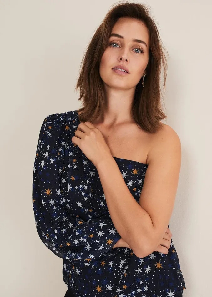 Women Phase Eight Shirts and Blouses Zeba Star One Shoulder Blouse Navy