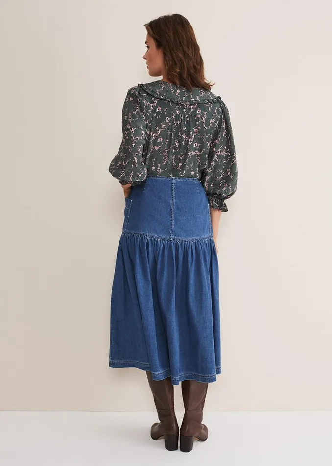 Women Phase Eight Skirts Elodie Tiered Denim Skirt Mid Wash Blue