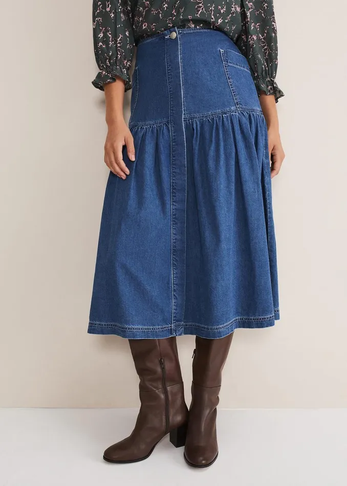 Women Phase Eight Skirts Elodie Tiered Denim Skirt Mid Wash Blue