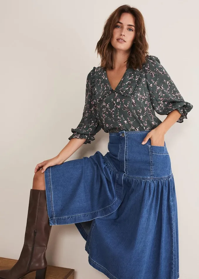 Women Phase Eight Skirts Elodie Tiered Denim Skirt Mid Wash Blue