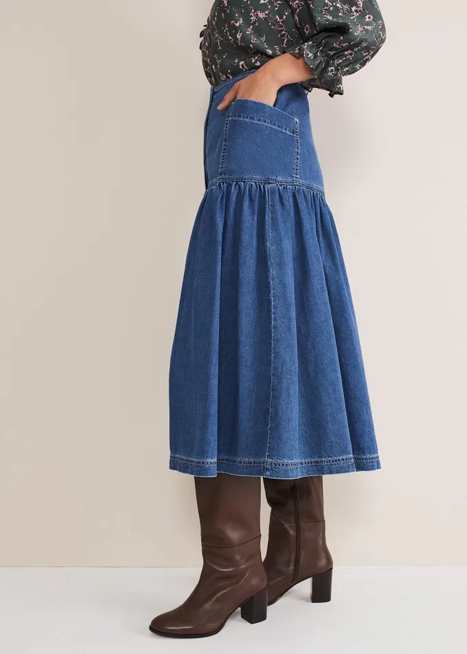 Women Phase Eight Skirts Elodie Tiered Denim Skirt Mid Wash Blue