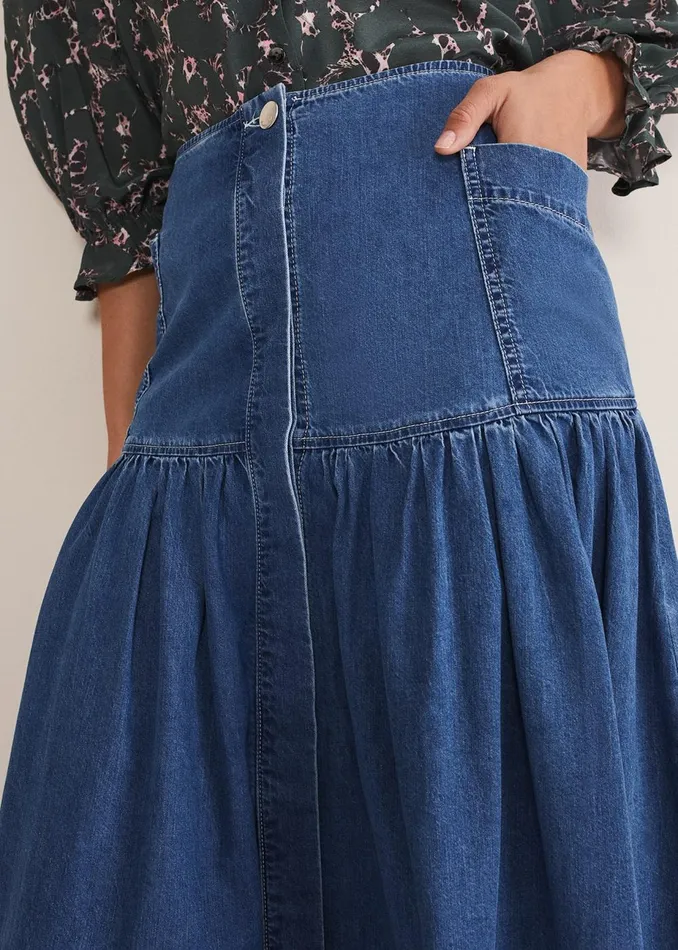 Women Phase Eight Skirts Elodie Tiered Denim Skirt Mid Wash Blue