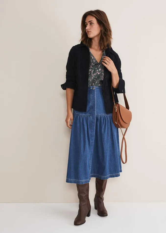 Women Phase Eight Skirts Elodie Tiered Denim Skirt Mid Wash Blue