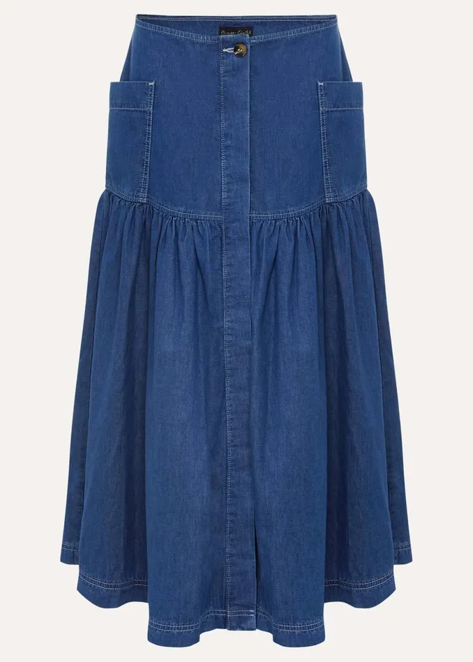 Women Phase Eight Skirts Elodie Tiered Denim Skirt Mid Wash Blue
