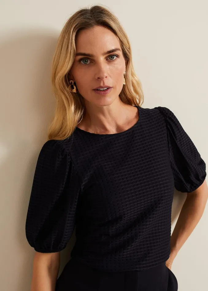 Women Phase Eight Tops and TShirts Adley Texture Bubble Sleeve Top Navy