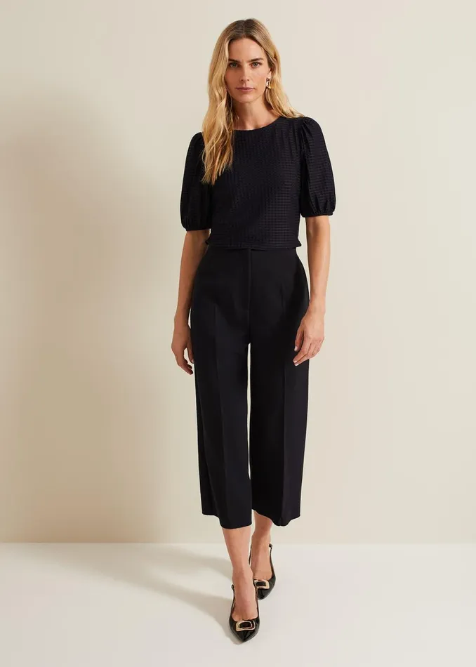 Women Phase Eight Tops and TShirts Adley Texture Bubble Sleeve Top Navy