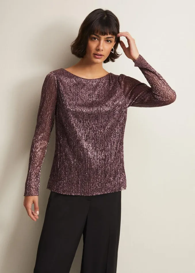 Women Phase Eight Tops and TShirts Alix Sparkly Plisse Top Rose Gold