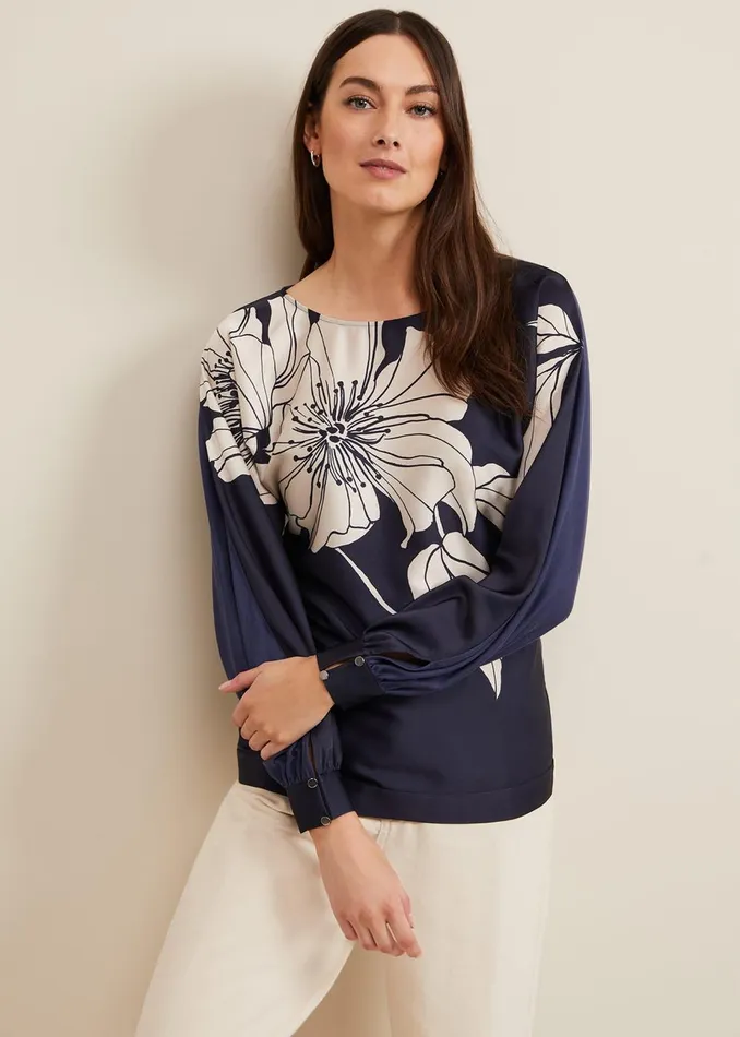 Women Phase Eight Tops and TShirts Alora Floral Woven Front Top Navy
