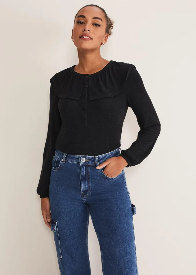 Women Phase Eight Tops and TShirts Anda Frill Detail Bor Top Charcoal