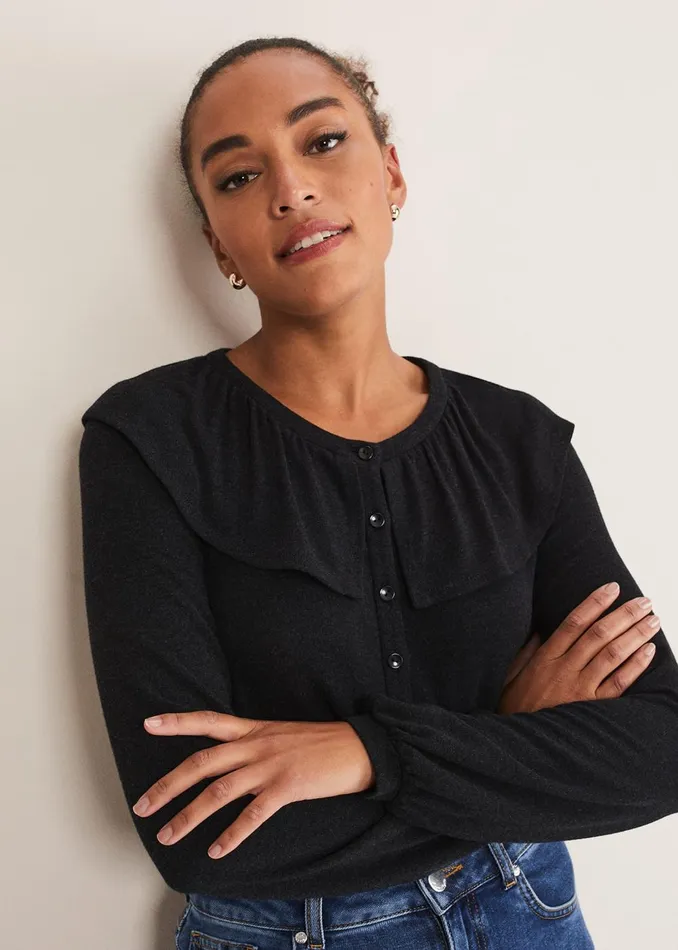Women Phase Eight Tops and TShirts Anda Frill Detail Bor Top Charcoal