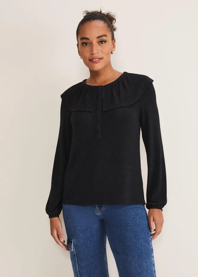 Women Phase Eight Tops and TShirts Anda Frill Detail Bor Top Charcoal
