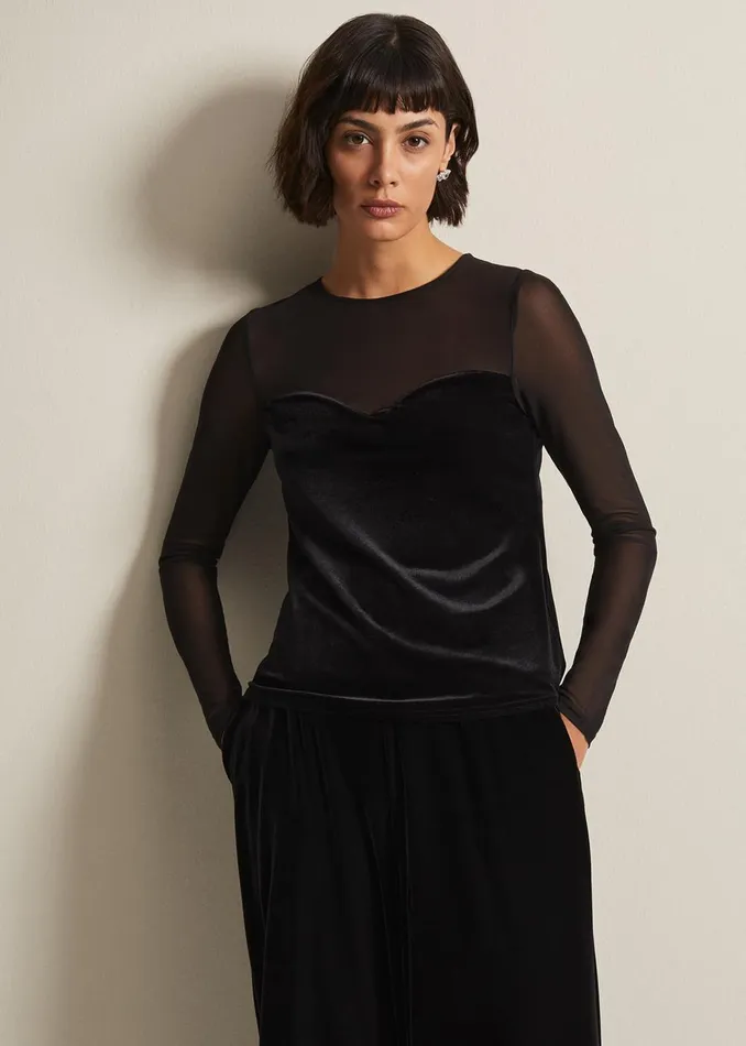 Women Phase Eight Tops and TShirts Elouise Velvet Mesh Top Black
