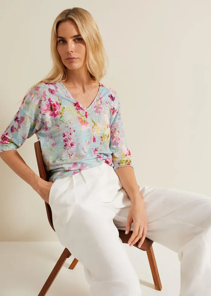 Women Phase Eight Tops and TShirts Flossie Floral Linen Top Multicoloured