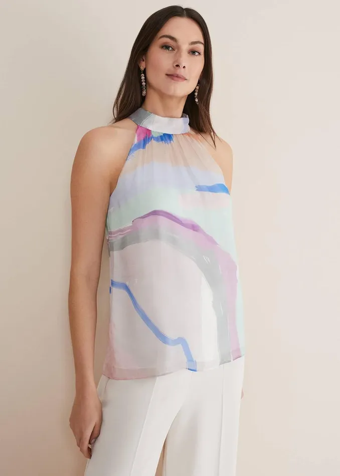 Women Phase Eight Tops and TShirts Kadie Silk Abstract Halter Neck Top Pastelsmulti