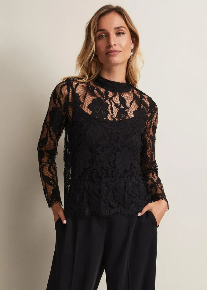 Women Phase Eight Tops and TShirts Lara Black Lace Top Black