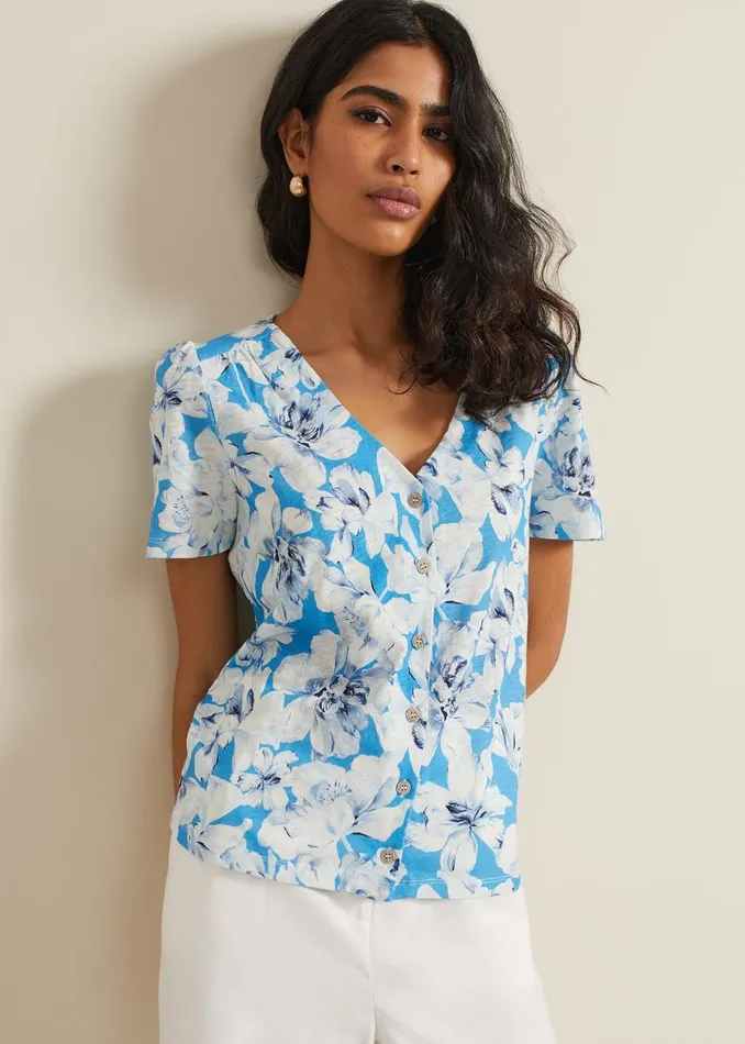 Women Phase Eight Tops and TShirts Lorenna Floral Print Top Blue