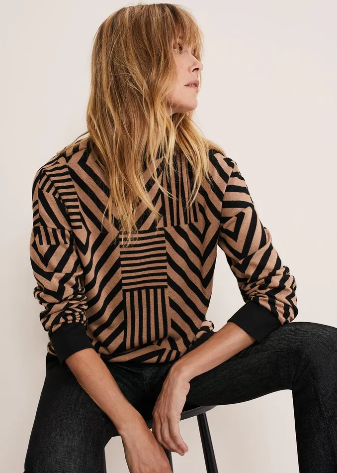 Women Phase Eight Tops and TShirts Renatta Patched Geo Jacquard Top Camelblack