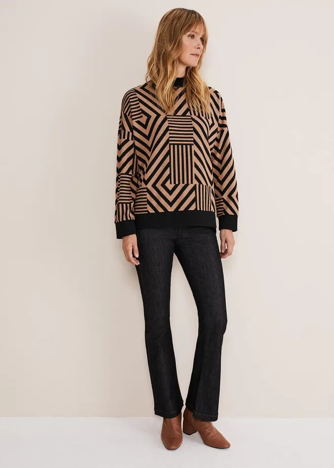 Women Phase Eight Tops and TShirts Renatta Patched Geo Jacquard Top Camelblack