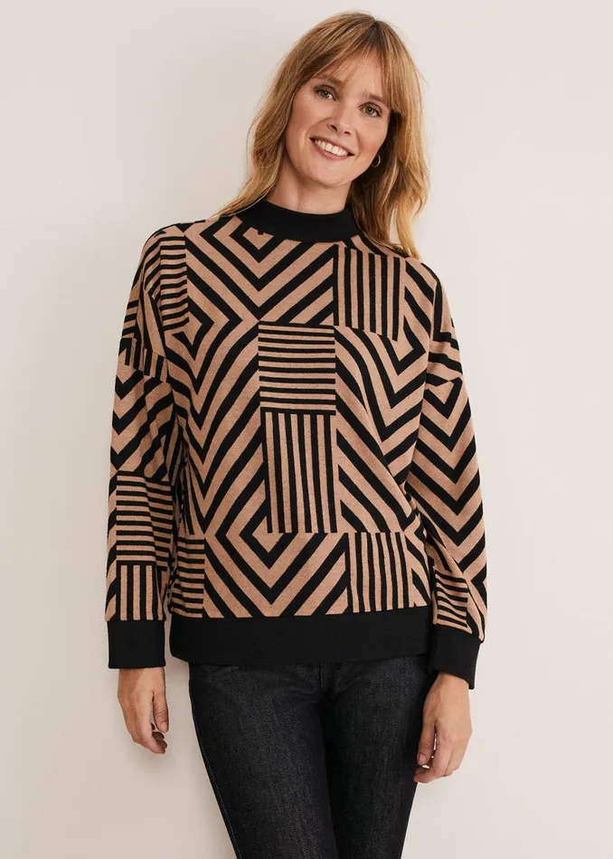 Women Phase Eight Tops and TShirts Renatta Patched Geo Jacquard Top Camelblack