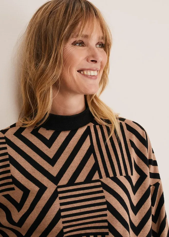 Women Phase Eight Tops and TShirts Renatta Patched Geo Jacquard Top Camelblack