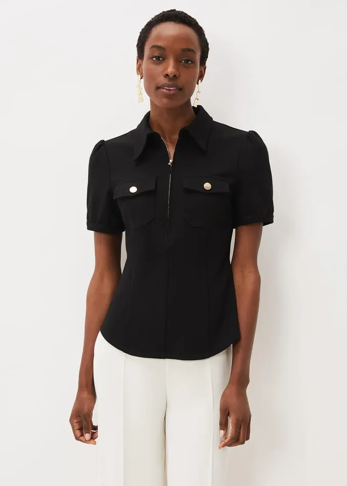 Women Phase Eight Tops and TShirts Shaden Zip Front Ponte Top Black
