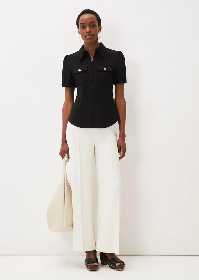 Women Phase Eight Tops and TShirts Shaden Zip Front Ponte Top Black