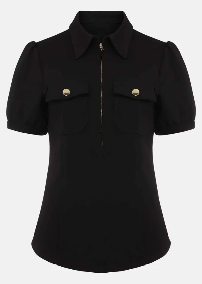 Women Phase Eight Tops and TShirts Shaden Zip Front Ponte Top Black