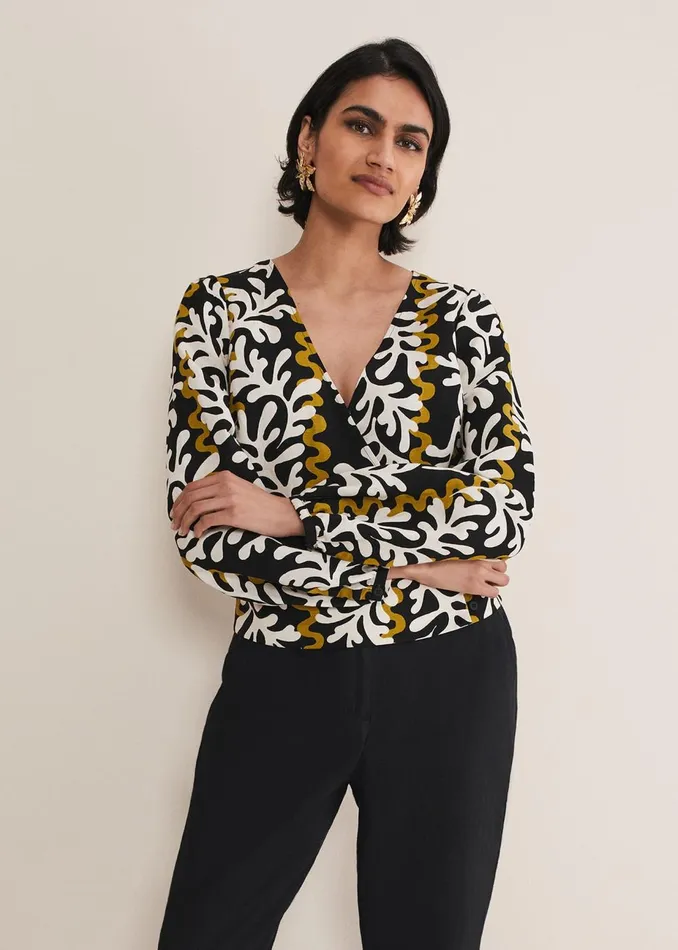 Women Phase Eight Tops and TShirts Vienna Linen Wrap Blouse Blackmulti