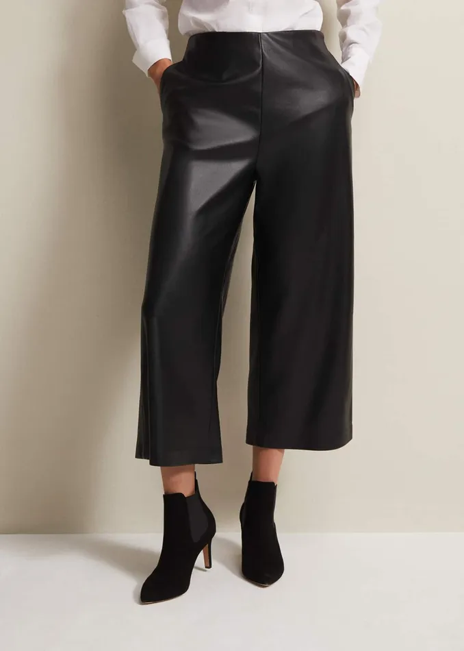 Women Phase Eight Trousers Emeline Black Faux Leather Culottes Black