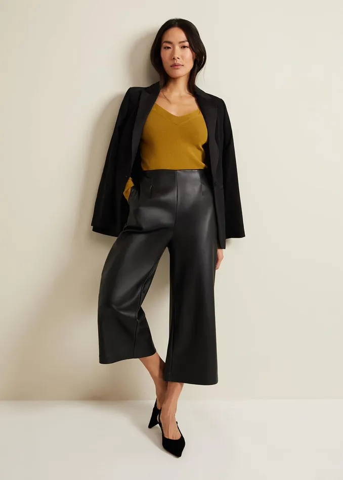 Women Phase Eight Trousers Emeline Black Faux Leather Culottes Black
