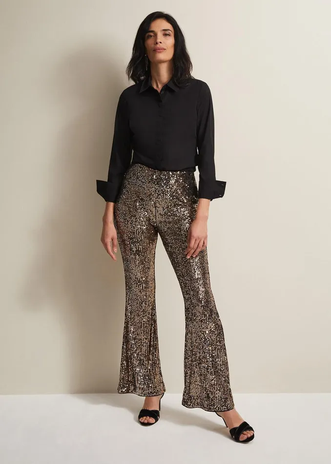 Women Phase Eight Trousers Karmia Gold Sequin Flared Trousers Gold