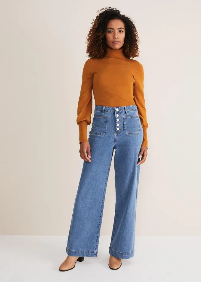 Women Phase Eight Trousers Magsie Wide Leg Jeans Mid Wash Blue