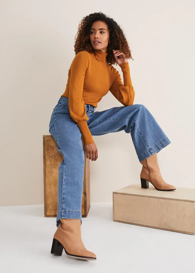 Women Phase Eight Trousers Magsie Wide Leg Jeans Mid Wash Blue