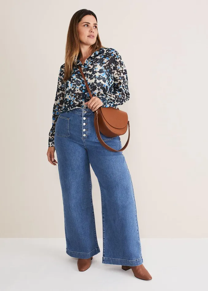 Women Phase Eight Trousers Magsie Wide Leg Jeans Mid Wash Blue