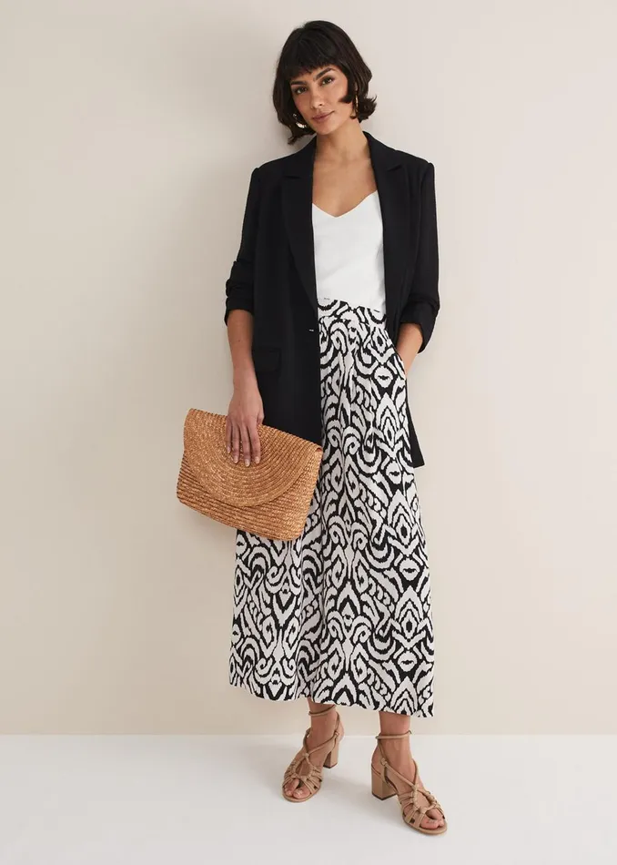 Women Phase Eight Trousers Malaya Printed Wide Leg Culottes Blackivory