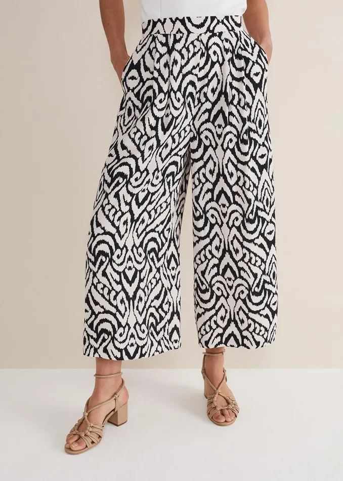 Women Phase Eight Trousers Malaya Printed Wide Leg Culottes Blackivory
