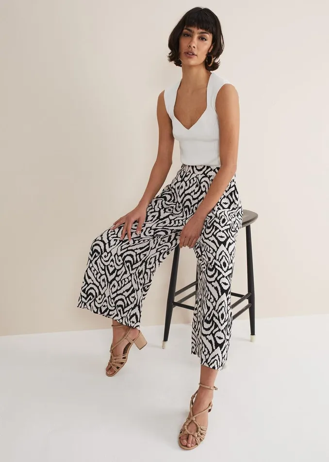 Women Phase Eight Trousers Malaya Printed Wide Leg Culottes Blackivory