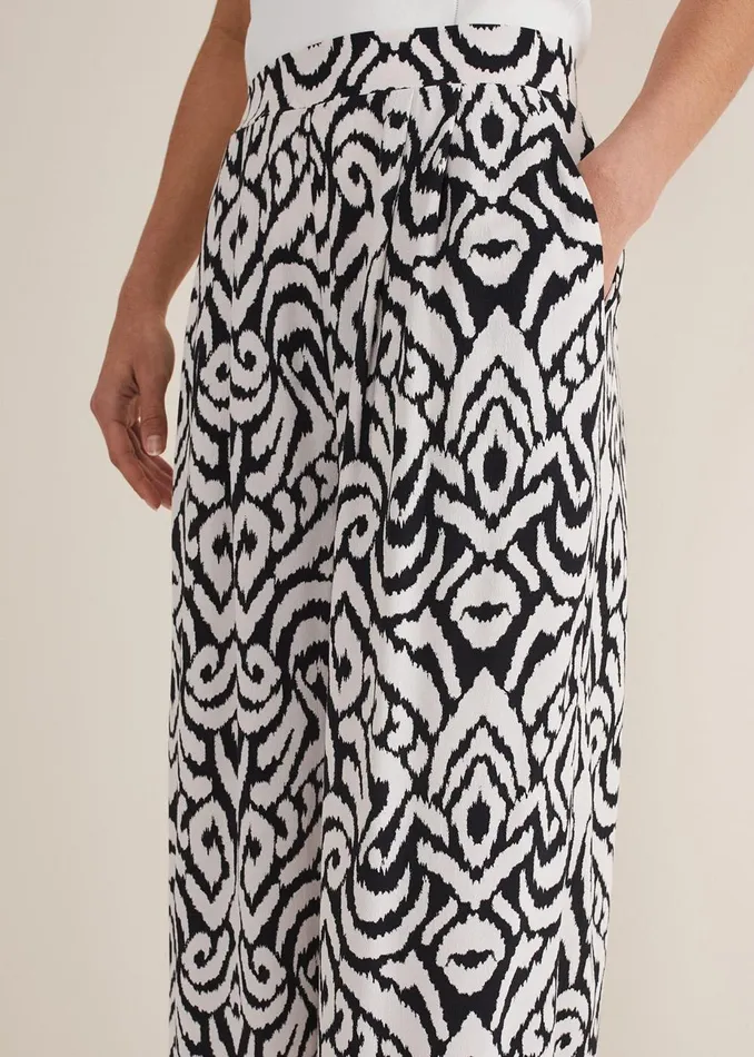 Women Phase Eight Trousers Malaya Printed Wide Leg Culottes Blackivory