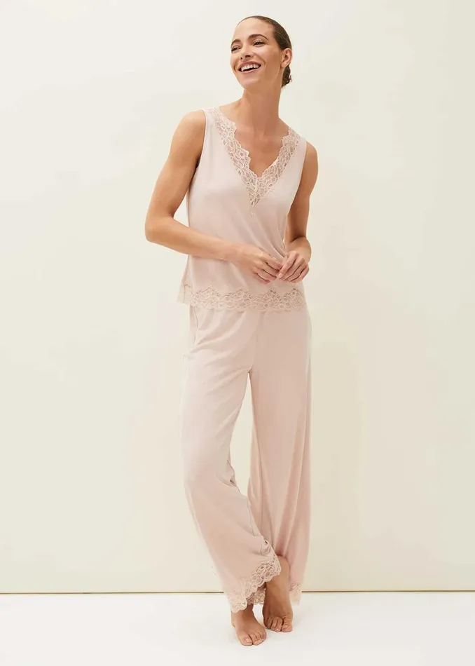 Women Phase Eight Trousers Marlie Lace Pyjama Wide Leg Trousers Soft Pink