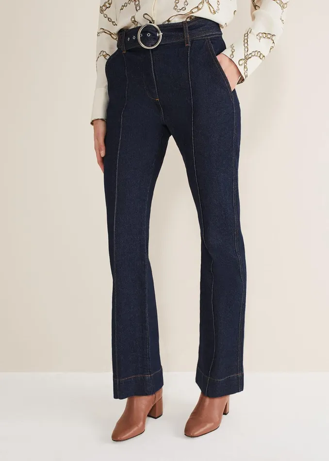Women Phase Eight Trousers Shawna Belted Bootcut Jeans Dark Indigo