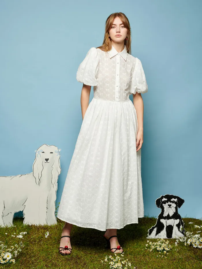 Women Poodle Bow Embroidered Midi Dress Pearled Ivory Sister Jane Dresses