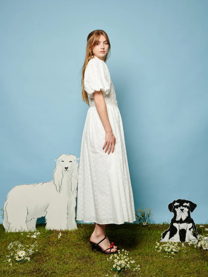 Women Poodle Bow Embroidered Midi Dress Pearled Ivory Sister Jane Dresses