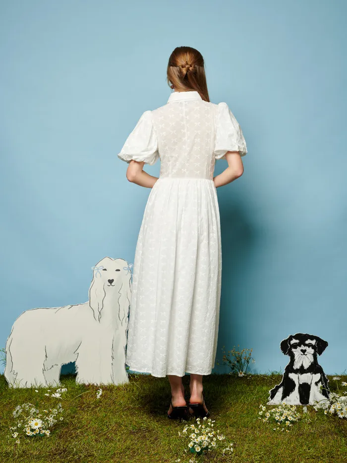 Women Poodle Bow Embroidered Midi Dress Pearled Ivory Sister Jane Dresses