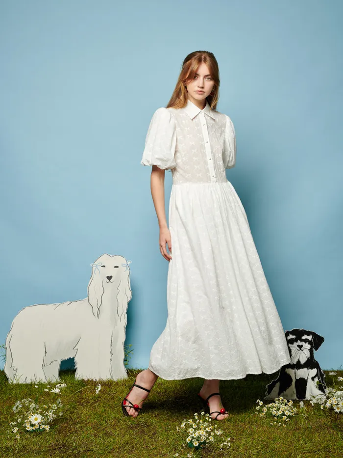 Women Poodle Bow Embroidered Midi Dress Pearled Ivory Sister Jane Dresses