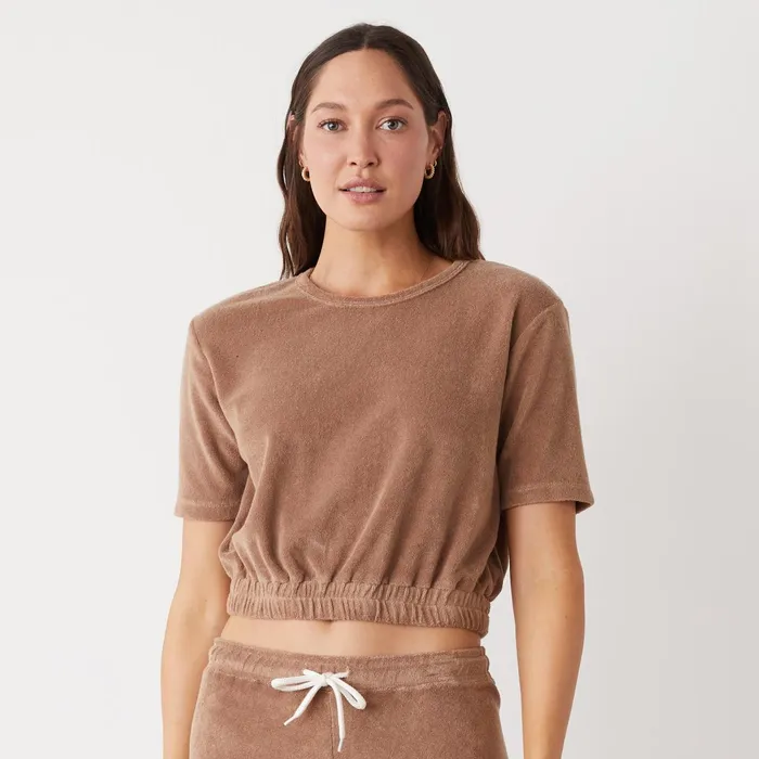 Women Sale MONROW Terry Cloth Short Sleeve Pecan