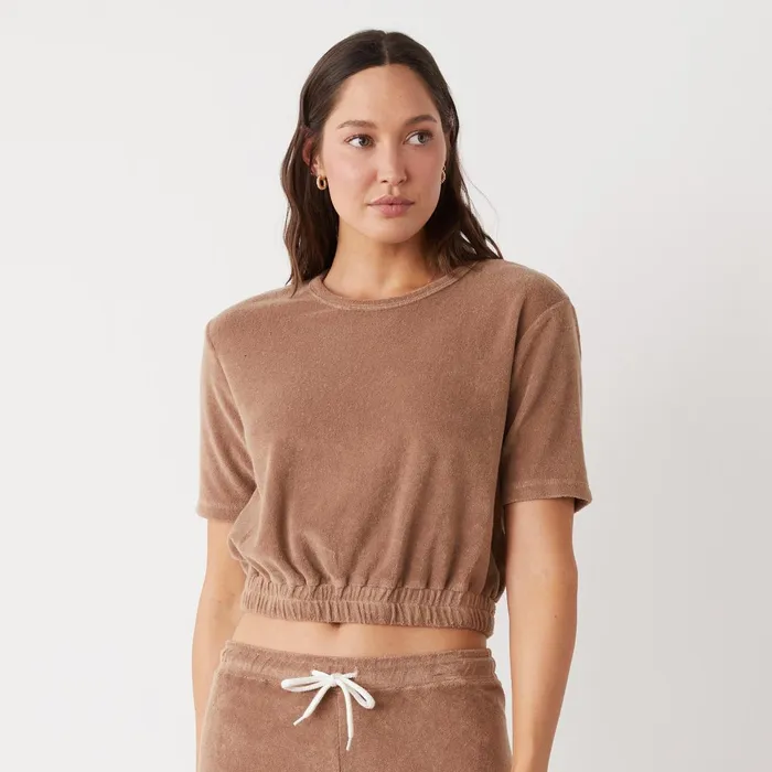 Women Sale MONROW Terry Cloth Short Sleeve Pecan