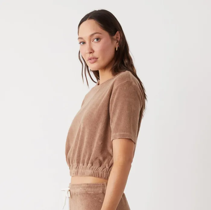 Women Sale MONROW Terry Cloth Short Sleeve Pecan