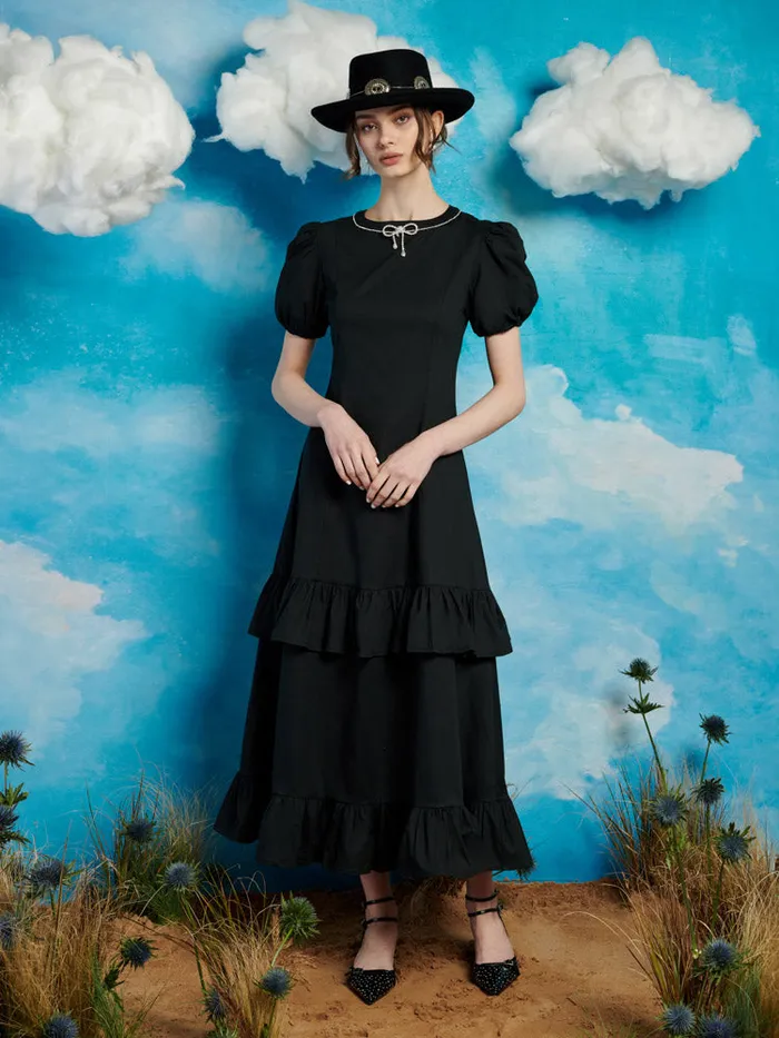 Women Serenade Ruffle Midi Dress Coal Black Sister Jane Dresses
